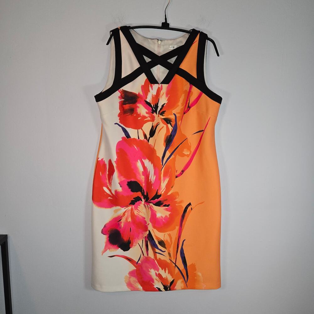 Sandra Darren Cutout Dress Orange Floral Sleeveless Crisscross Straps sz 16 Plus